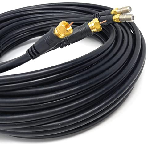 DRUT 10m Twin Shotgun Satellite Moulded F-Type Plug to Socket RG6 Coaxial Extension Antenna Cable Lead With F-Type Couplers 33ft Black