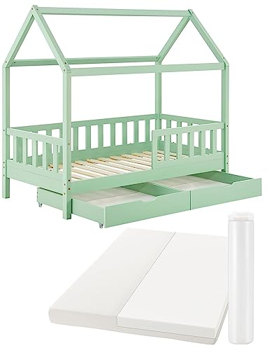 Juskys Kinderbett Marli 90 x 200 cm mit Matratze, Bettkasten, Rausfallschutz, Lattenrost & Dach - Massivholz Hausbett für Kinder - Bett in Mint