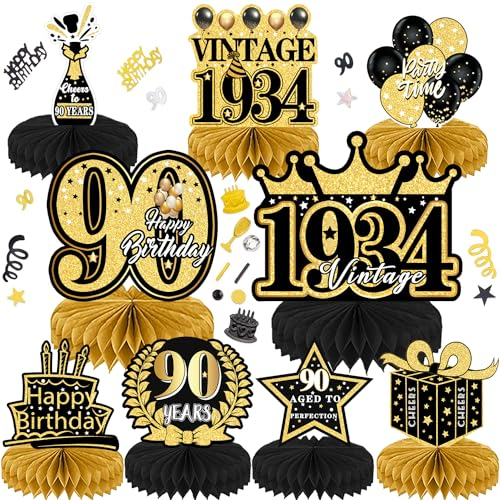 Geburtstag Dekoration 90. Tischdeko Bienenwabe Mittelstück mit Konfetti für Männer Frauen Tischdekoration Party Geburtstagsparty 9Stk Schwarz Gold