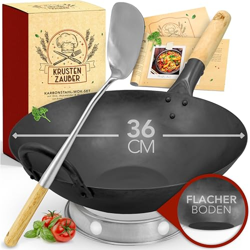 KRUSTENZAUBER 36cm Wokpfanne Induktion Voreingebrannt - Traditionelle Stahlwokpfanne Mit Wokwender und Wokring - Pfanne, Induktion, Woklette, Zubehör, Carbon Steel Karbonstahl