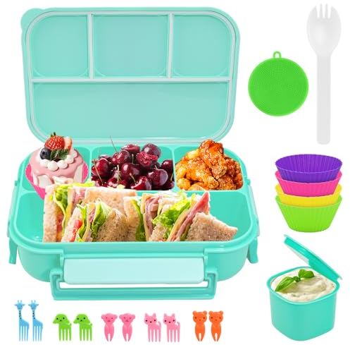 Brotdose Kinder mit Fächern 1300ML, Lunchbox Kinder Auslaufsicher mit 4 Fächern, Bento Box Lunchbox für Kinder Erwachsene, Jausenbox Brotbox für,Mädchen & Jungen,Mikrowelle/spülmaschinenfest (Green)