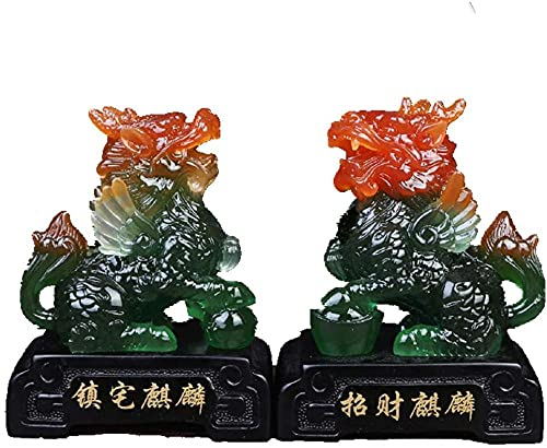 QQYDZSW Skulptur Desktop Ornament Statuen for Hof und Garten Prime Fengshui Harz EIN Paar Chi Lin/Qilin Statue Figur Kylin Drache Pferde Reichtum Wohlstand Wohnkultur-Bernstein (Farbe : Gr