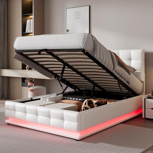 LTGB Ottoman Lift Storage Bed with LED Lighting, 4ft6 Double Bed Frame, PU Faux Leather Upholstered Bed Frame with Gas Lift Large Storage, for Bedroom Furniture, Without Mattress (White +)