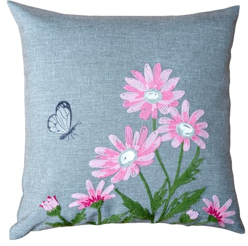 Dekokissen Leinen-Optik Bestickt Deko Esszimmer Serie Margariten Blumen Kissen Bezug grau Stickerei Schmetterling Sofakissen Frühling Typ886 Kissenhülle 40x40 cm rosa