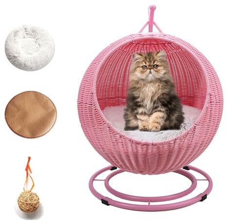 QLXYYFC Wicker Cat Bed Indoors & Outdoors, Pet Cat Swing Bed Comfortable and Breathable Elevated Cat Nest, Easy to Assemble, Cushion Removable and Washable (Color : Roze, Size : 43cm X 66cm)