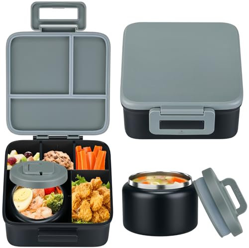 MAISON HUIS Bento-Lunchbox mit 237 ml Suppen-Thermo, auslaufsicherer Behälter mit 5 Fächern, Thermobehälter für heiße Speisen und isolierte Lunchtasche, BPA-frei, für Reisen, Schule (grau)