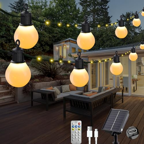 Litark Solar Lichterkette Aussen mit 20 Glühbirnen-10m 100 led Außen Gärten Solar mit Fernbedienung,Wetterfest,USB-aufladung,Solarlichterkette für Outdoor Balkon Deko (Warmweiß)