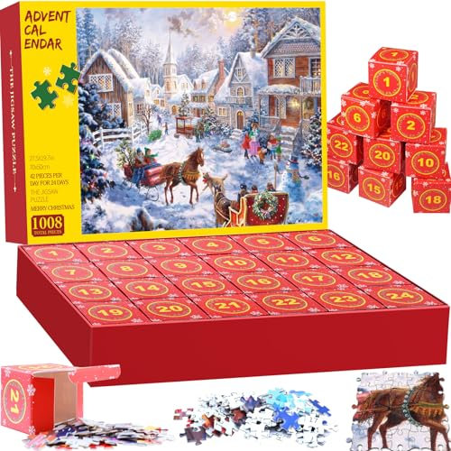 Adventskalender 2025, 1008 Teile Weihnachts Jigsaw Puzzle, 24 Boxen 24 Tage Countdown bis Weihnachten, Adventskalender Erwachsene ＆ Kinder, Weihnachtspuzzle für Jungen Mädchen