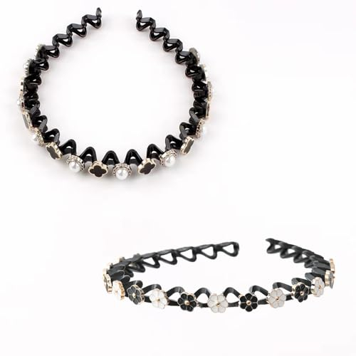 Qiwenr 2 Strass Elastisches Haarband, Modische Haarreife, Haarreif mit Strasssteinen Gebrochenes Haar, Geeignet für Tanzen, Partys, Arbeit Und Alltag(Perlmuttfarbenes Haarband + Weiße Blumen)