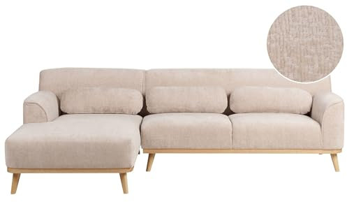 3-Sitzer Ecksofa L-form Chenille beige Chaiselongue rechts mehrere Kissen Simos