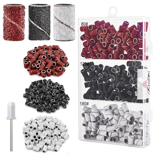Kredioo 210PCS Bandes de Ponçage Professionnelles Embouts Ponceuse Manchons Ongles 80# 120# 180# Grain Grossier Moyen Fin pour Retirer Ongles Acryliques/Gel Manucure et Pédicure