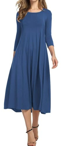 HOTOUCH Elegant Tunic Dress - Ladies Midi Dress with Pockets - Round Neck, 3/4 Sleeve, A Line, Classic, Maxi, Party, Winter Blue, XL