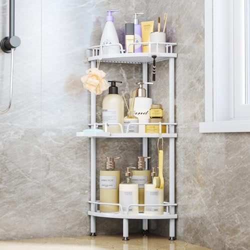 SWTYMIKI Corner Shower Caddy - 3 Tier Shower Corner Shelf Organizer with 4 Hooks, Rust-Free Freestanding Caddy with Soap Holder, Storage Rack for Bathroom, White