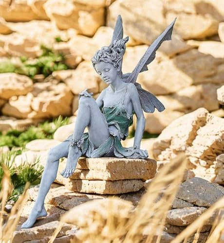 MINGZE Elfen Figur Garten, Vogelhäuschen Ornament Sitzende Zauberfee Gartenfiguren Skulpturen Harz Elfen Statuen Hof Dekoration Fee Fairy Ornamente Landschaftsbau-3