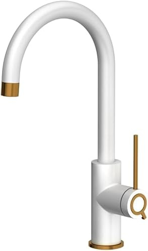 QUADRON JODIE Q LINE SLIM SteelQ, Küchenarmatur Mischbatterie 360°, Armatur Küche Edelstahl, QFix-Funktion, Farbe: Weiß, Höhe: 35,5 cm, Wasserhahn für Küche, Kopfteil: Keramik, Kupfer-PVD-Finish