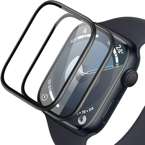 IQShield Protector de Pantalla para Apple Watch 45mm Series 9/8/7 Cristal Templado, Marco de Aleación de Aluminio, 3D Cobertura Completa, Sensible al Tacto, Sin Burbujas, Anti-Rayaduras - 2 Piezas