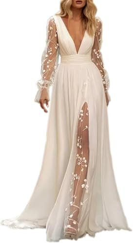 YIANN Robes de mariée à manches longues pour mariée avec fente en dentelle profonde col en V robe de mariée en mousseline de soie, blanc, 38