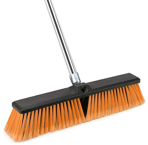 Diposiconx Escoba de empuje resistente para exteriores con mango de 170 cm de largo, para cubierta, entrada, garaje, patio, color naranja