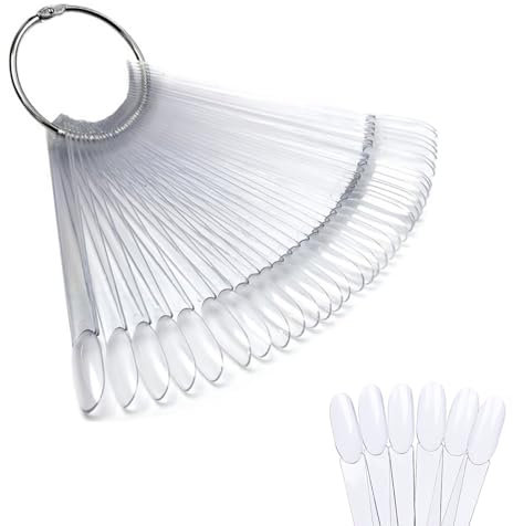 50 Pcs Nail Swatches Sticks in Transparent, Nail Colour Display, Plastic Nail Swatches, for Nail Art Design Nail Practice with Metal Rings False Nail Tips Polish Practice Sticks Pack of (Round Shape)