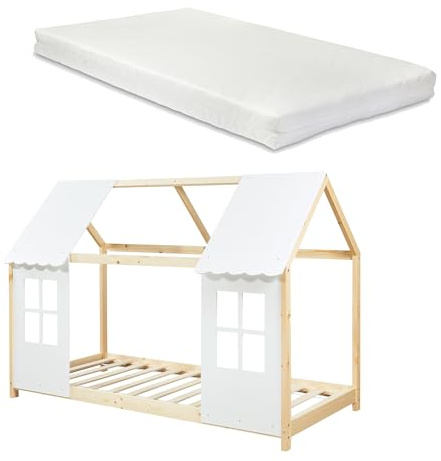 [en.casa] Kinderbett Tostedt mit Matratze Hausbett Jugendbett Bettenhaus Spielbett Halboffenes Design Montessori Bett aus massiver Kiefer Bettgestell Holz 90 x 200 cm Holz/Weiß