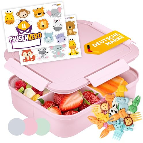 Pausenhero Brotdose Kinder mit Fächern [Obstgabeln + Sticker Set Rosa] Brotdose Schule Snackbox mit Fächern Bento Box Lunchbox Kinder Lunchbox Erwachsene Bento Box Kinder Brotbox
