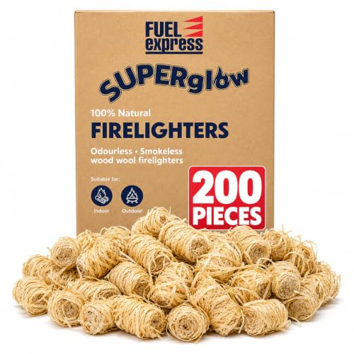 Fuel Express 200 Natural Firelighters, Long Burning Fire Lighters for BBQ, Wood Burners, Pizza Ovens, Open Fires & Fire Pits, Odourless Quick Light Wood Wool Fire Starters