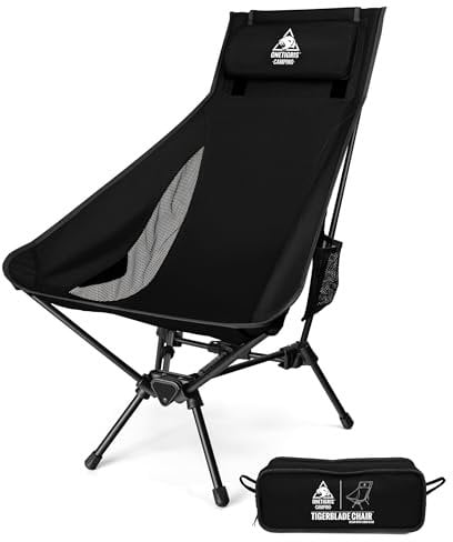 OneTigris TIGERBLADE Campingstuhl Hochlehner faltbar 170 kg, Klappstuhl Camping leicht Dreiecksrahmen, Angelstuhl klappbar mit 2 Seitentaschen, Faltstuhl Ultraleicht für Outdoor, Wandern(Schwarz)