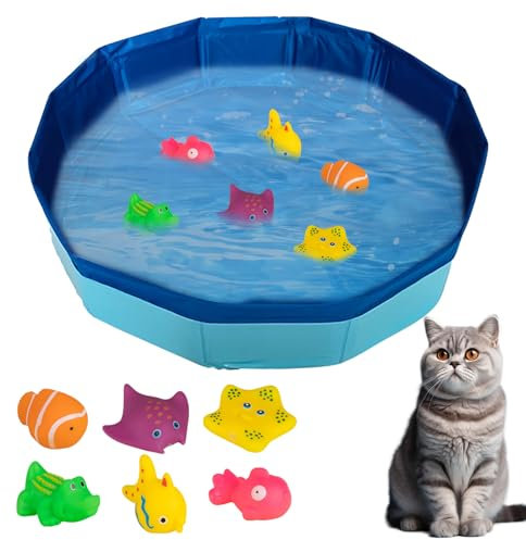 Katzenpool mit Fisch Spielzeug, Katzen Pool Faltbar Hundepool Klein Tragbare Hunde Pool mit Wasser Interaktives Katzenspielzeug Fischen Hunde Planschbecken Schwimmbad für Katzen und Hunde (50 * 8cm)
