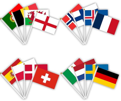AhfuLife Euro Klein Flagge, 16 Länder EM 2025 Klein Flaggen Europa Doppelseitige Stoff mit Stab für Euro Damen Fußball EM Haus Bar Garten Party Deko Eurovision