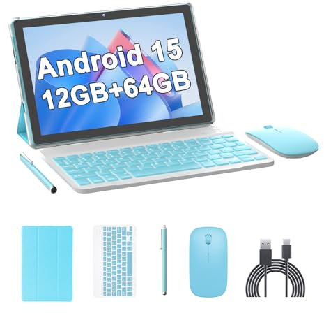 10 Inch Tablet Android 15(NOT GO) Tablets with keyboard 64GB ROM+12GB RAM(4+8 expansion) Supports 1TB Expansion 2MP+8MP Dual Camera 6000mAh 5G WiFi6 Tableta, Tablets with Mouse/Case/Stylus/USB-C Cable