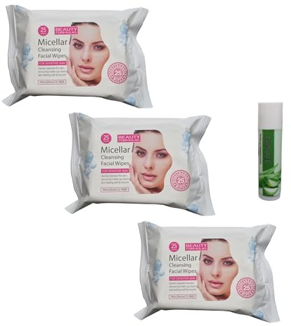 Beauty Formula Micellar Cleansing Facial Wipes 3x 25 = 75 Wipes For Sensitive Skin Fragrance Free With Free Aloe Vera Lip Balm