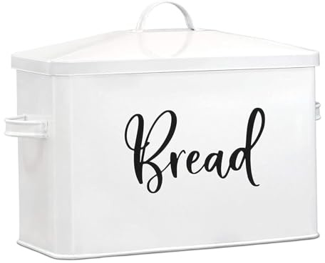 Ceciliec Bread Bin with Lid, Large Crispbread Box Made of Metal, Bread Bin Stainless Steel for Bread, Rolls, Pastries, Space-Saving Storage Box, White, 34 x 27 x 18 cm