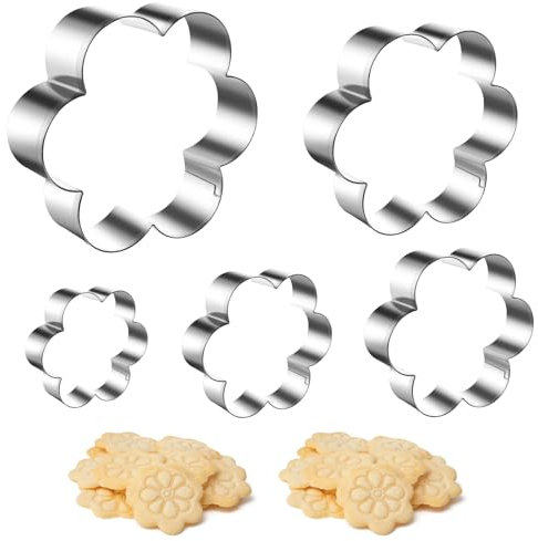 LIQWEI 5Pcs Flower Cookie Cutter, Stainless Steel Cookie Cutters, Daisy Cookies Plum Blossom Fondant Biscuit Cutters, Five Petal Scalloped Edge Spring Flower Cookies Cutter for Kitchen Baking