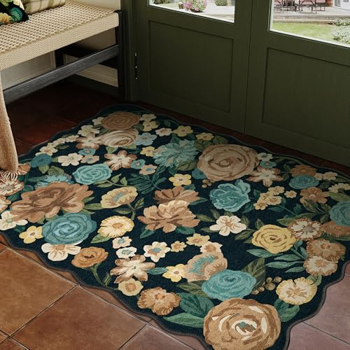 HUGEAR Black Door Mat Washable Flower Area Rug 60x90cm Entrance Doormats Floral Non Slip Modern Boho Natural Small Carpet Bedroom Bedside Office Dining Room Kitchen Low Pile Carpets