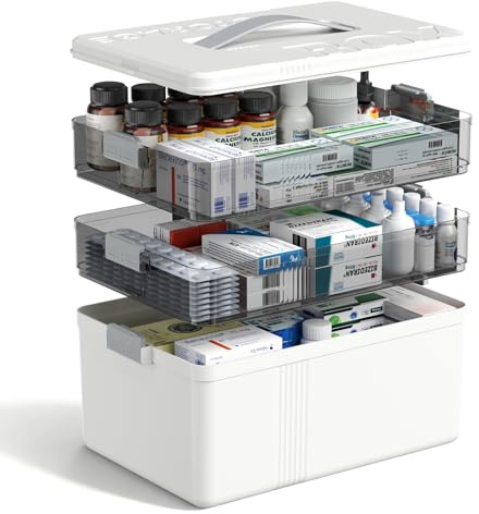 Niest 3-Stöckige Medikamentenbox, mit Tragegriff & Schnappverschluss | 34 x 22 x 24cm, PP Material, Hausapotheke Box mit Abnehmbaren Tablett, für Familie, Büro, Schule und Reise