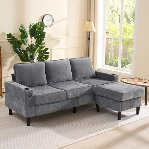 A ALFRESCOOL L Sofa mit schlaffunktion, Ecksofa mit 2 Getränkehaltern, Wohnlandschaft l-Form für Wohnzimmer, Wohnung, Lounge und Schlafzimmer Grau 202x137x80 cm