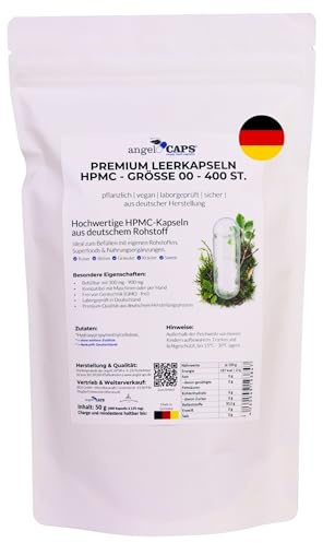 Leerkapseln 00 – Premium HPMC – Deutsche Herstellung & Rohstoffe – 100% pflanzlich – Klickverschluss – Laborgeprüft – Für Kapselmaschinen & Handbefüllung (400 Leerkapseln 00)
