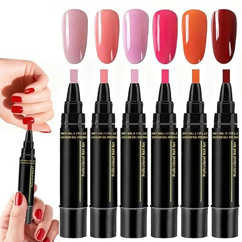 6PCS Polish Nail Polish Pens, Nail Art Pens, 3 in 1 Gel Nail Varnish for Real Nails, Nail Varnish Pens, Nail Pens, Non UV Gel Nails Polish Crafts Pen, One Step Manicure Pen Set for Girls and Ladies
