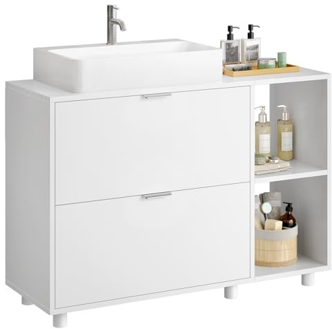 FORABAMB Meuble Salle de Bain, Meuble sous Lavabo ave 2 Grand Tiroirs, 2 Étagères Ouvertes, Installation Possible à Droite ou à Gauche, Meuble sous Evier, Meuble sous Vasque, 30 x 60 x 85 cm, Blanc