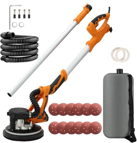 Ponceuse Girafe, 1250W Ponceuse Mur et Plafond, 5 Vitesses 800-1800tr/min, Tête Pivotante 360° LED, Aspiration Poussière 99,5%, Perche Télescopique, Pour Plâtre, Murs et Plafonds