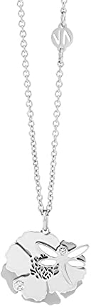 Nomination Halskette in Edelstahl mit Anhängern und weißen Cubic Zirkonia, Karabinerhaken Verschluss. Blume und Libellen - Anhänger. Länge: 48 cm. Made in Italy.