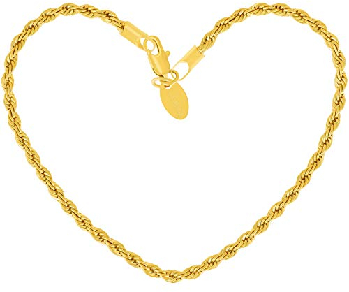 LIFETIME JEWELRY 3mm Rope Chain Bracelet 24k Real Gold Plated for Women and Men 7 8 and 9, Small, Medium and Large, Metal, no gemstone