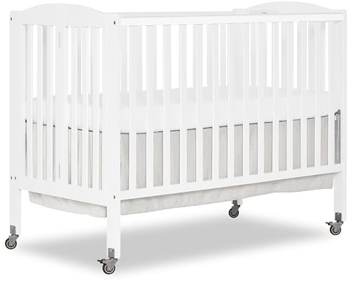 Dream On Me Full-Size 2-in-1 Folding Baby Crib in White, GreenGuard Gold & BSA, Portable, Patented Quick Folding System, Strong Wheels, 2 Adjustable Mattress Heights