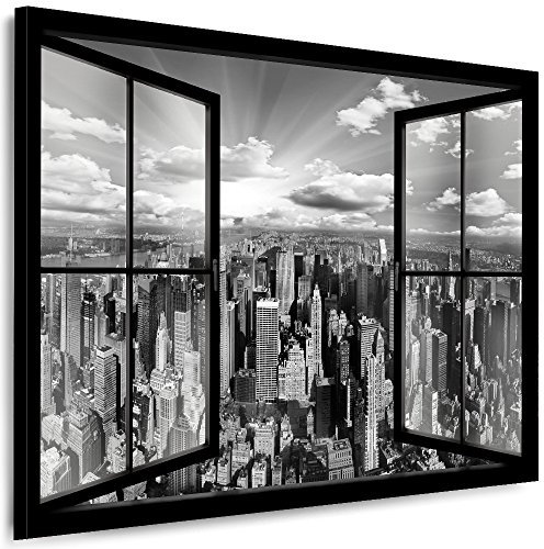 Julia-Art Leinwandbilder Skyline - New York Bilder - XXL Wandbild mit Keilrahmen - 100 mal 70 cm - Querformat 1 teilig Kunstdrucke Stadt NY City Statue, Brücke Fensterblick N-c-100-a-5