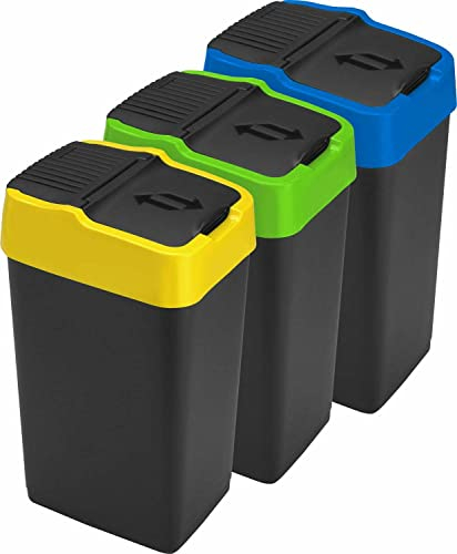 Sterling Ventures 3x 18L Plastic Indoor Recycling Bin with Double Swing Lid Top Colour Coded