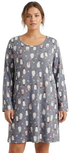 CHUNG Women Nightdress Ladies Nightie Long Sleeve Crew Neck Cotton Sleepwear Cute Pattern Print Loungwear Spring Summer GrayPeguin M