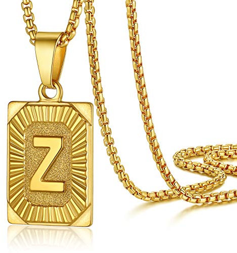 PROSTEEL 18k vergoldet Großbuchstabe Z Kette für Damen Herren Rechteck Anhänger Halskette 50+5cm verstellbar Venezianierkette Retro Stil Initiale Modeschmuck Accessoire