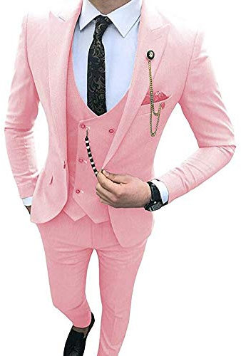 3 pezzi da uomo con risvolto a punta Slim Fit Business Suit matrimonio sposo abiti da uomo, rosa, 48