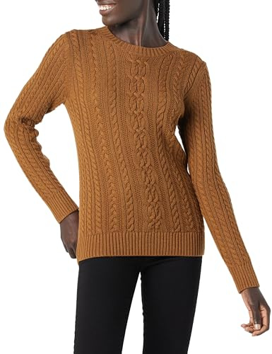 Amazon Essentials Women's Soft Fisherman Cable Long-Sleeve Crewneck Jumper (Available in Plus Size), Dark Chestnut Brown Heather, L