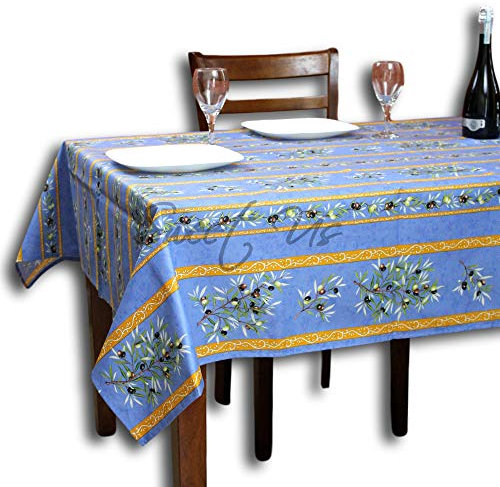 La Cigale Abwischbare Tischdecke, auslaufsicher, Acrylbeschichtung, Florale Baumwolle, französische Provencal-Tischdecke für rechteckige Tische, 152,4 x 345,4 cm, Blaue Oliven-Streifen